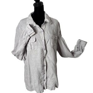 Melanie Lyne 100% Linen Utility Button Blouse Size 14 Gray Minimalist Casual
